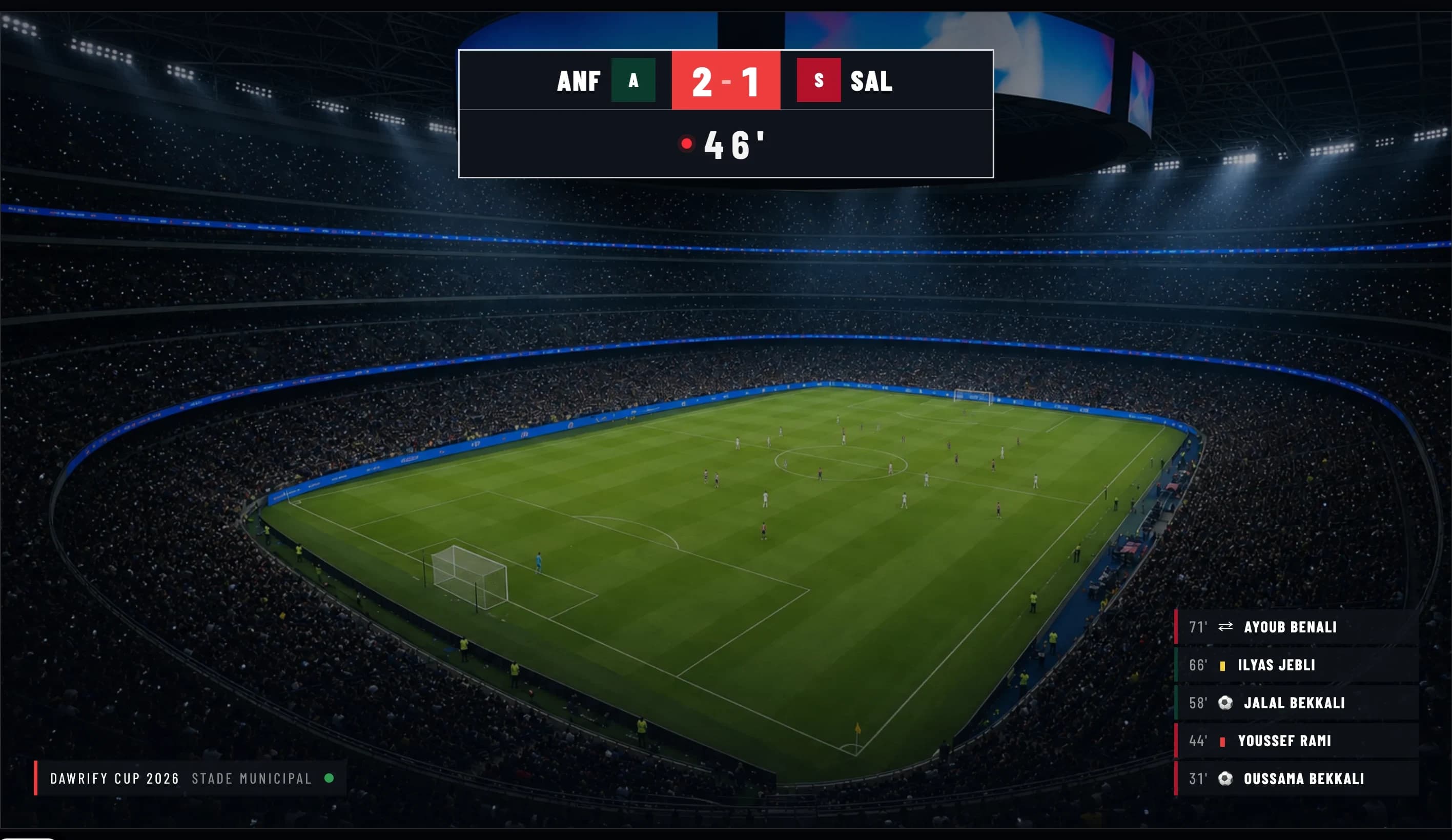 The same match in the Primera design: a stadium scene with the score across the top and a running list of goals, cards and substitutions down the right.